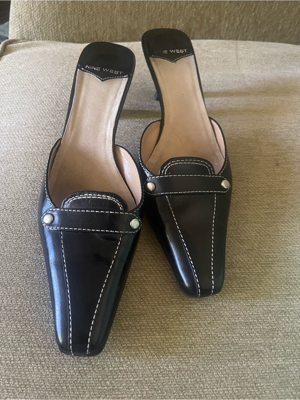 Y2K Nine West Black Leather Pointed Mule Heels Size 6 1/2